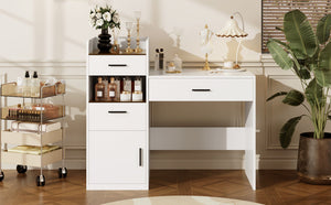3-in-1 Vanity Desk with Flip Top Mirror, Glass Top Compact Makeup Vanity & Hidden Storage