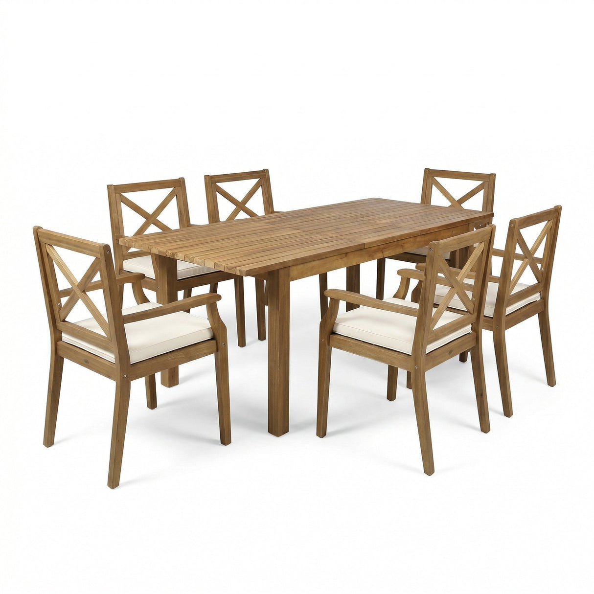 7 Pieces Acacia Wood Outdoor Dining Set with Cream Cushions