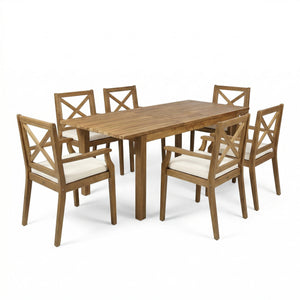 7 Pieces Acacia Wood Outdoor Dining Set with Cream Cushions