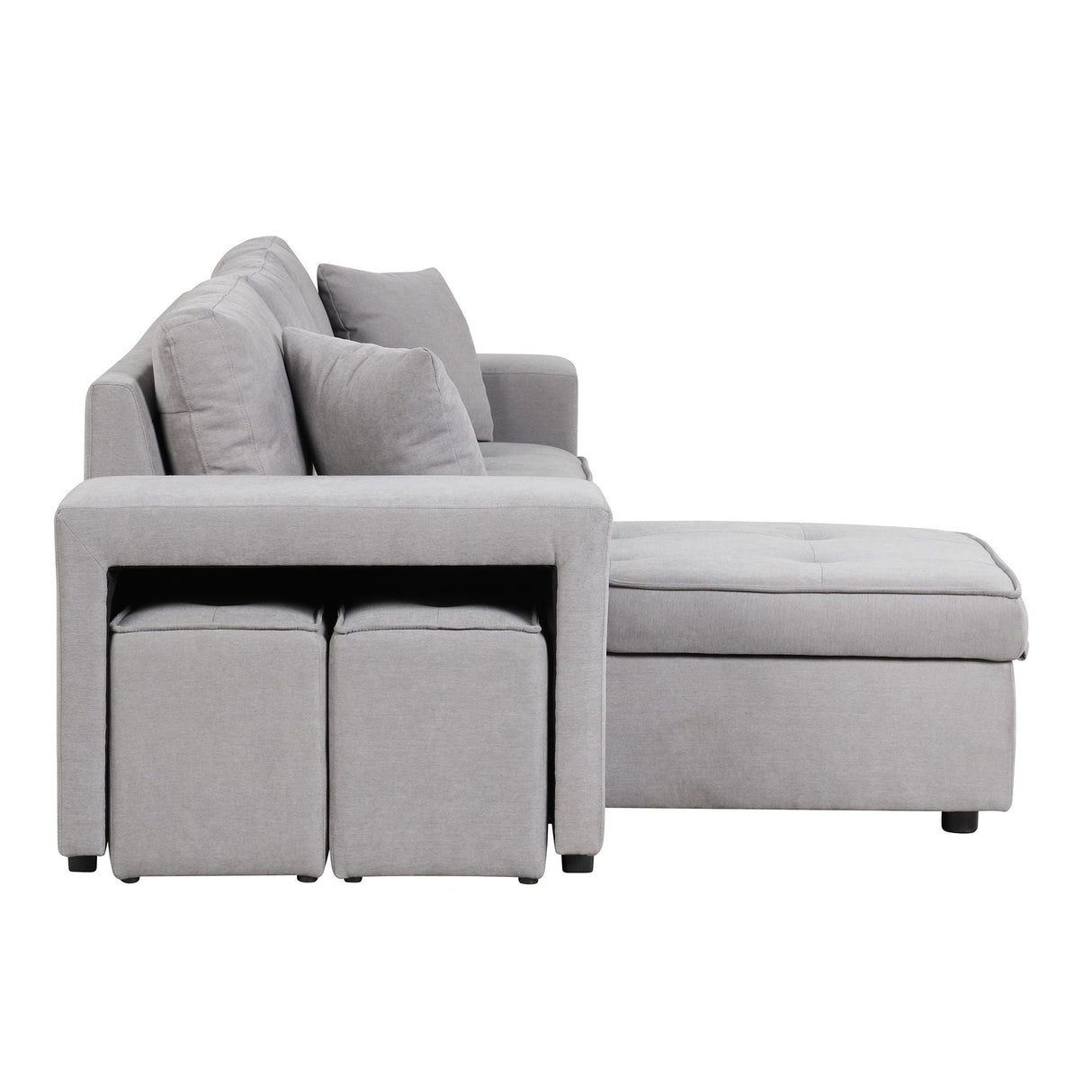 Modern L-Shape 3 Seat Reversible Sectional Couch, Pull Out Sleeper Sofa With Storage Chaise And 2 Stools For Living Room Furniture Set
