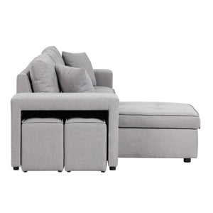 Modern L-Shape 3 Seat Reversible Sectional Couch, Pull Out Sleeper Sofa With Storage Chaise And 2 Stools For Living Room Furniture Set