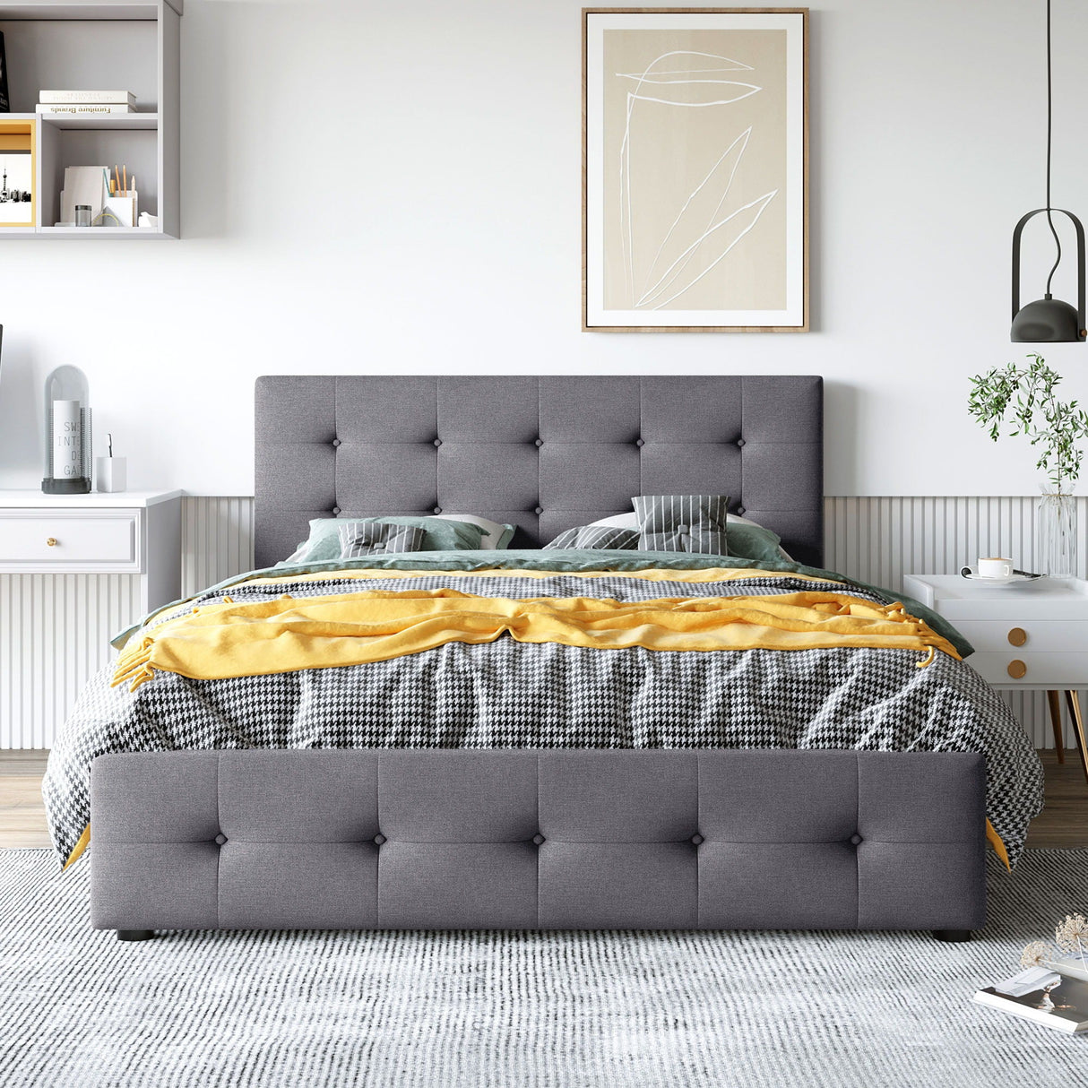 Upholstered Platform Bed With Classic Headboard And Drawers, No Box Spring Needed