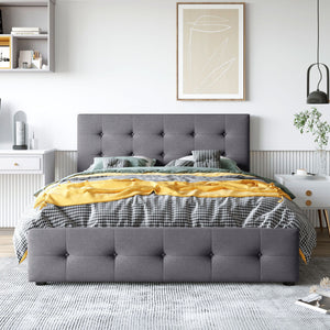 Upholstered Platform Bed With Classic Headboard And Drawers, No Box Spring Needed