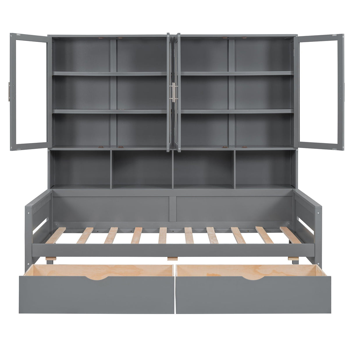 Daybed With Glass Door Storage Cabinets, Built In LED Lighting And Shelves