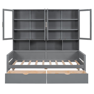 Daybed With Glass Door Storage Cabinets, Built In LED Lighting And Shelves