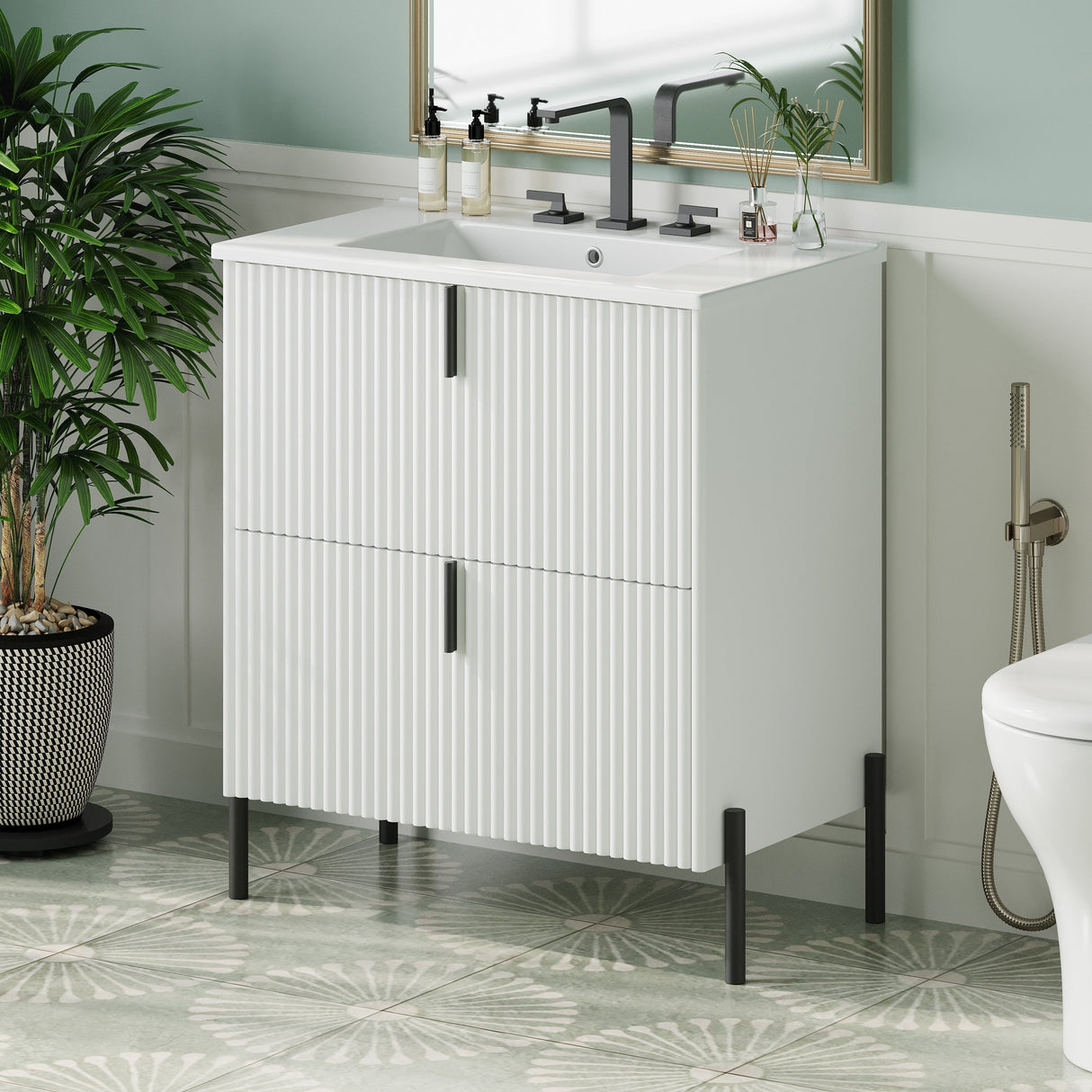 White Fluted Bathroom Vanity with Ceramic Sink and Soft Close Drawers