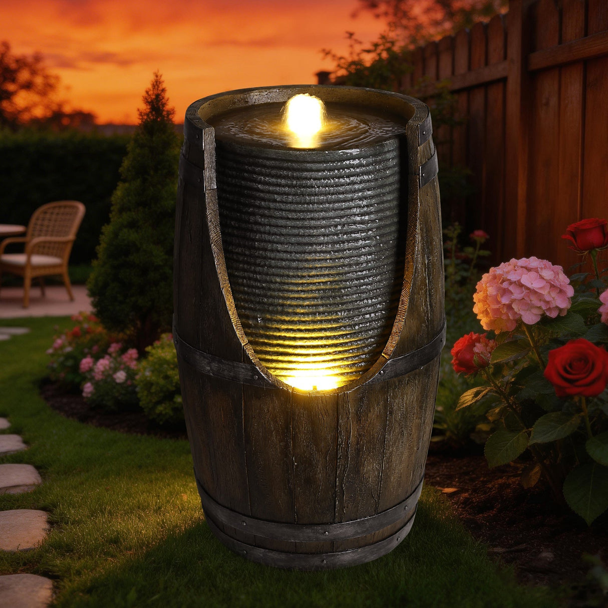 Wooden Barrel Style Outdoor Water Fountain with Lights Resin Rustic Garden Waterfall Decor for Patio Porch Yard