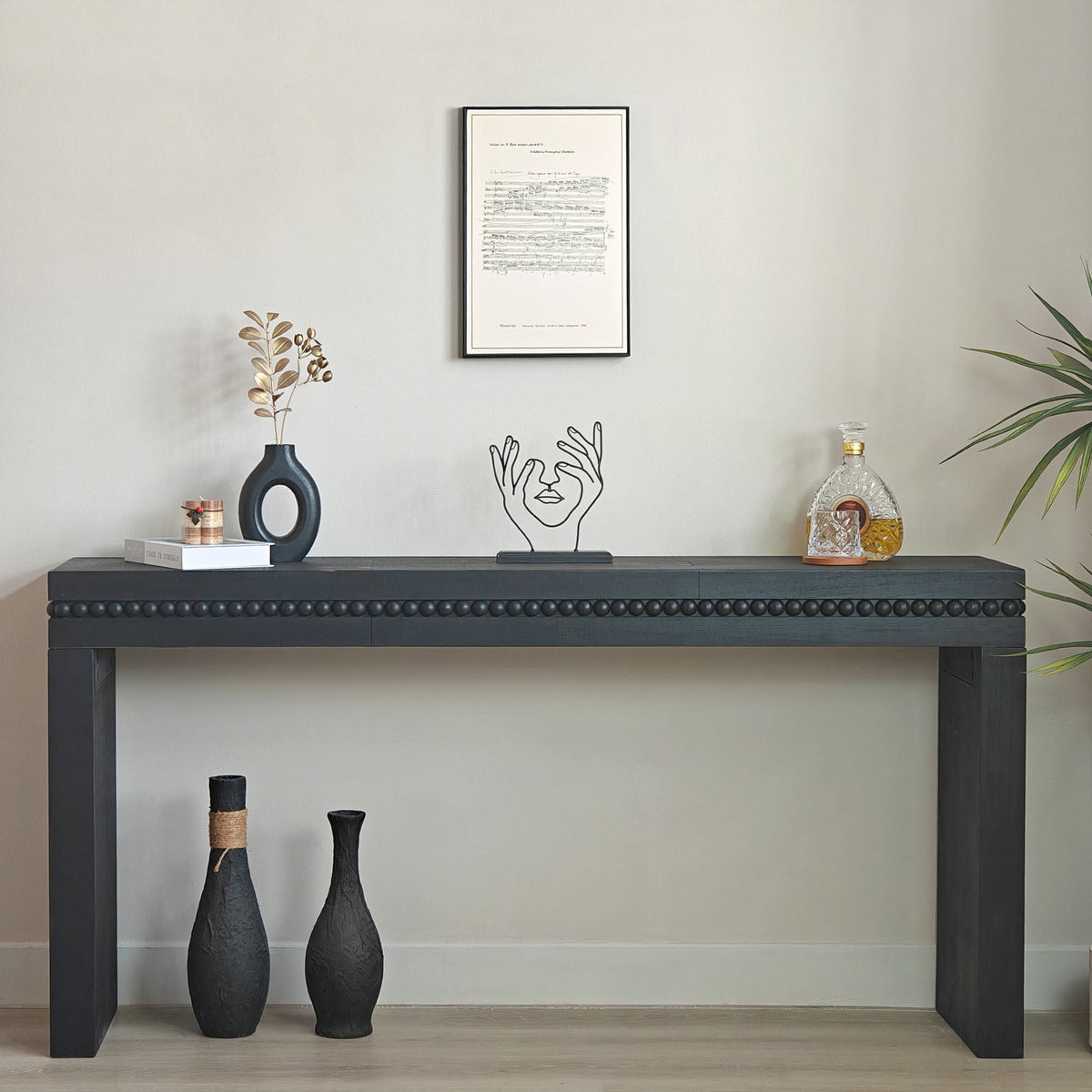 64in Modern Black Wood Console Table – Elegant Entryway Table with Decorative Beaded Trim