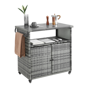 Outdoor Wicker Bar Cart with Glass Top and Wheels