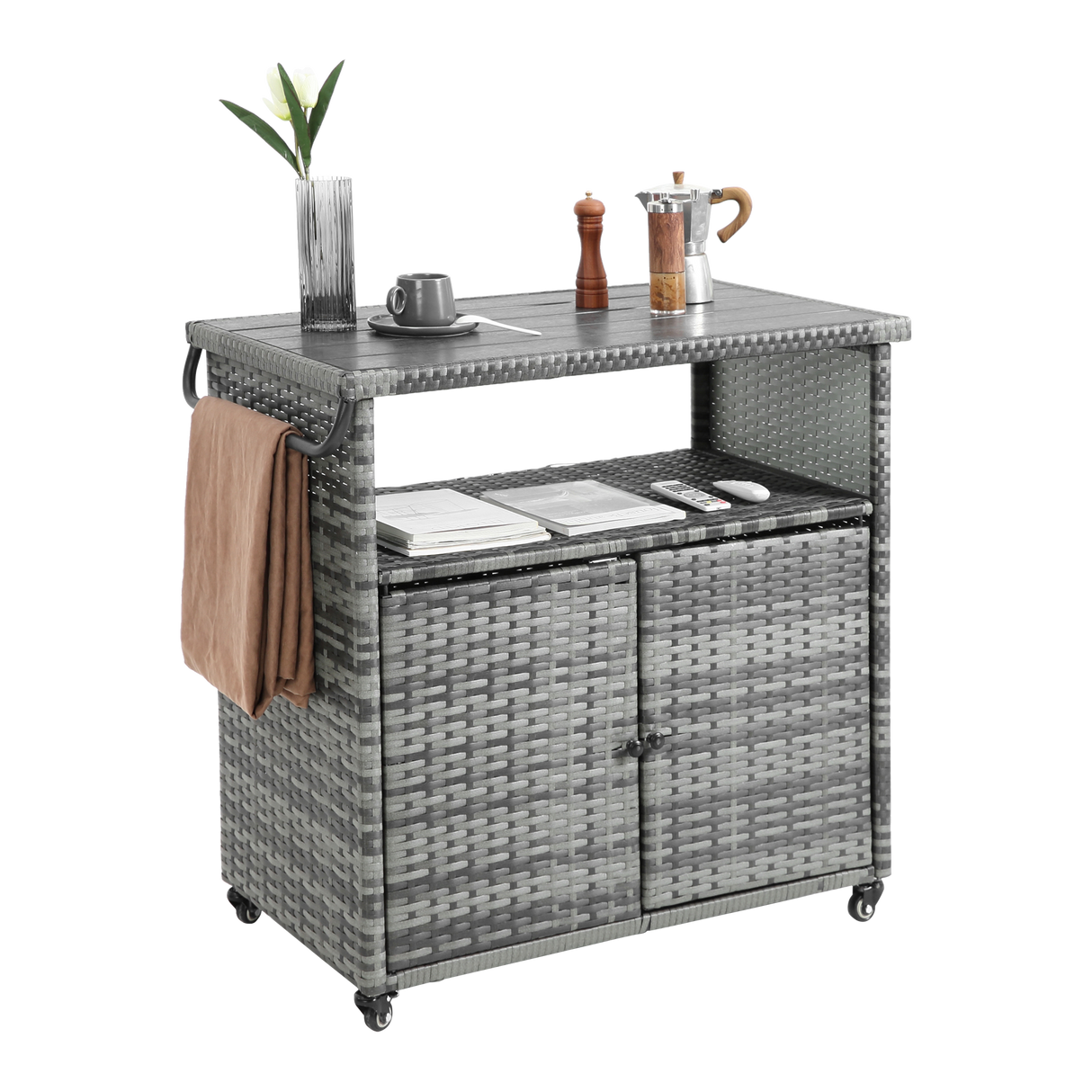 Outdoor Wicker Bar CartPatio Wine Serving Cart w/Wheels Rolling Rattan Beverage Bar Counter Table w/Glass Top for Porch Backyard Garden Poolside PartyLight brown