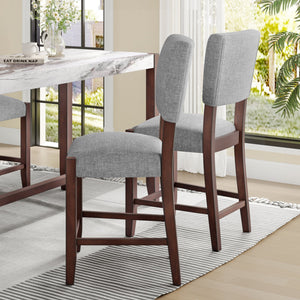 Set of 4 Mid-Century Modern Bar Stools, 40 in Linen Upholstered Counter Chairs with Rubber Wood Legs, Gray