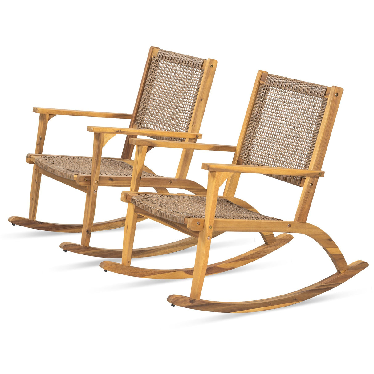GO 2 Pieces Patio Rocking Chair Set, Acacia Wood Outdoor Rockers with Wicker Rattan Seat & Backrest, Comfortable Garden Porch Chairs for Backyard, Balcony, and Poolside, Natural