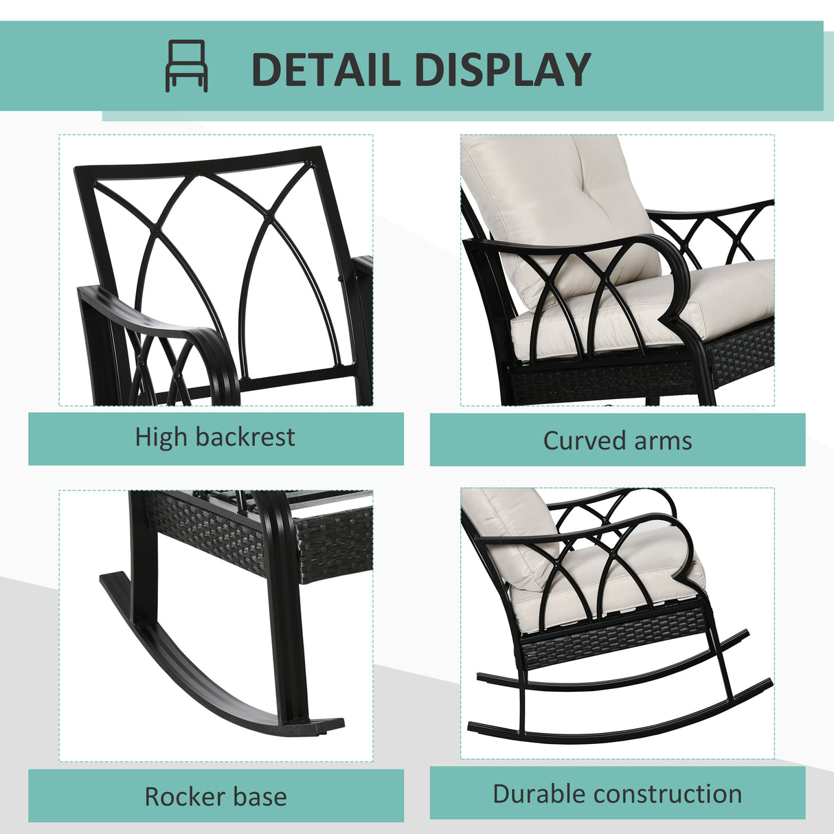 Outdoor wicker rocking chair with padded cushions, aluminum furniture rattan porch rocker chair w/ armrest