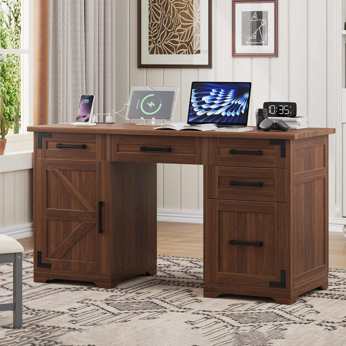55" Farmhouse Executive Desk with Charging Station