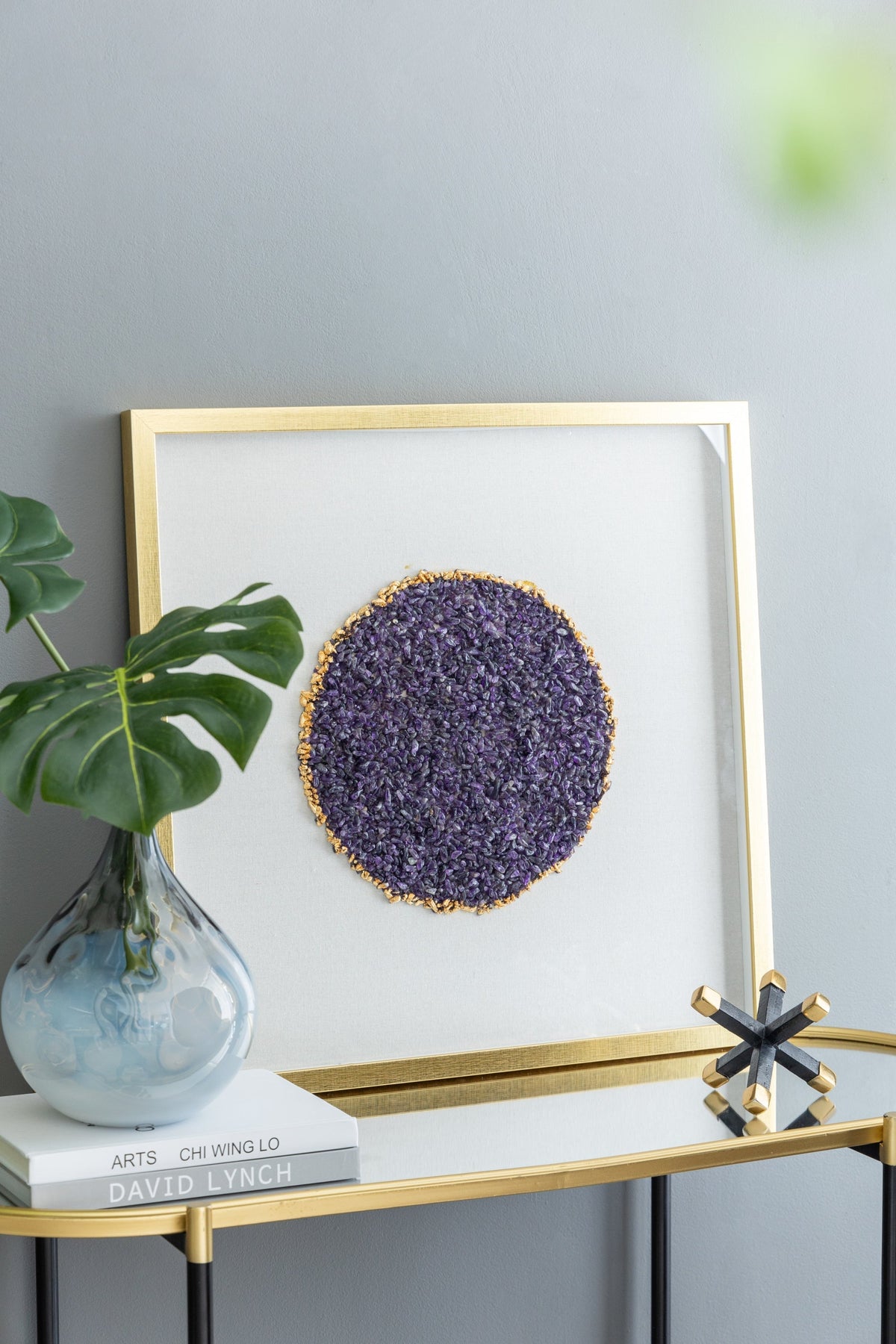 Elegant Shadow Box Duo Wall Art with Purple Amethyst Crystals - Neutral/Gold