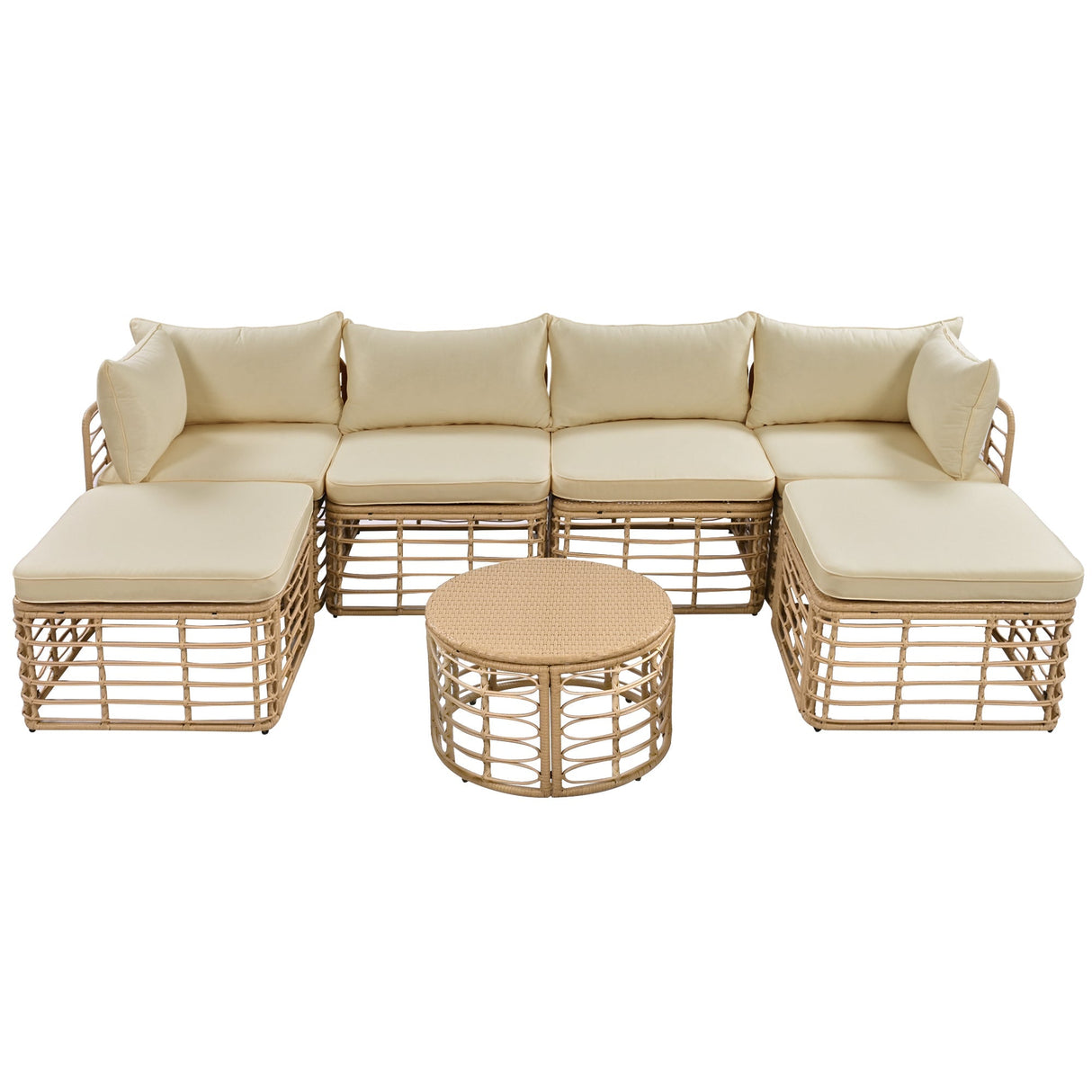 7 Pieces Outdoor Patio Furniture, All-Weather Rattan Sectional Sofa Set with Thick Cushions and Pillows, Freely Combined Conversation Sets for Garden, Backyard, Balcony, Brown