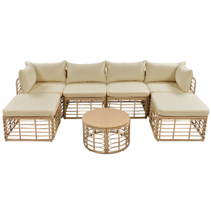 7 Pieces Outdoor Patio Furniture, All-Weather Rattan Sectional Sofa Set with Thick Cushions and Pillows, Freely Combined Conversation Sets for Garden, Backyard, Balcony, Brown