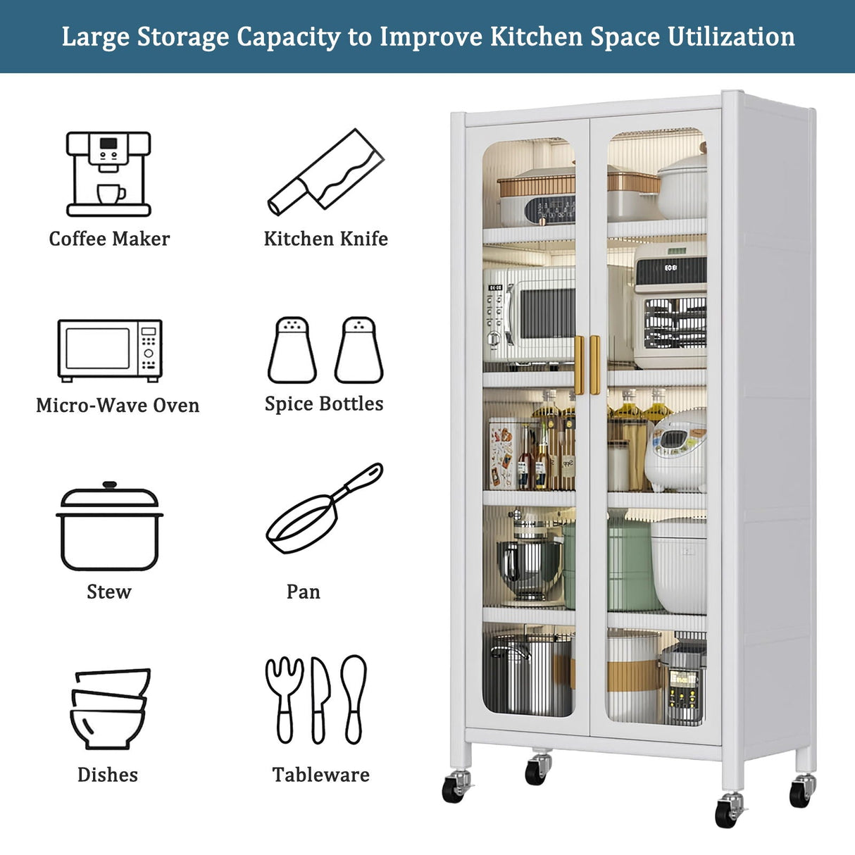 6 Tier Storage Cabinet With Transparent Door, Adjustable Shelves & Wheels