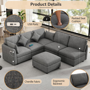 Sectional Sofa Modular U-Shaped With Ottoman & USB Ports