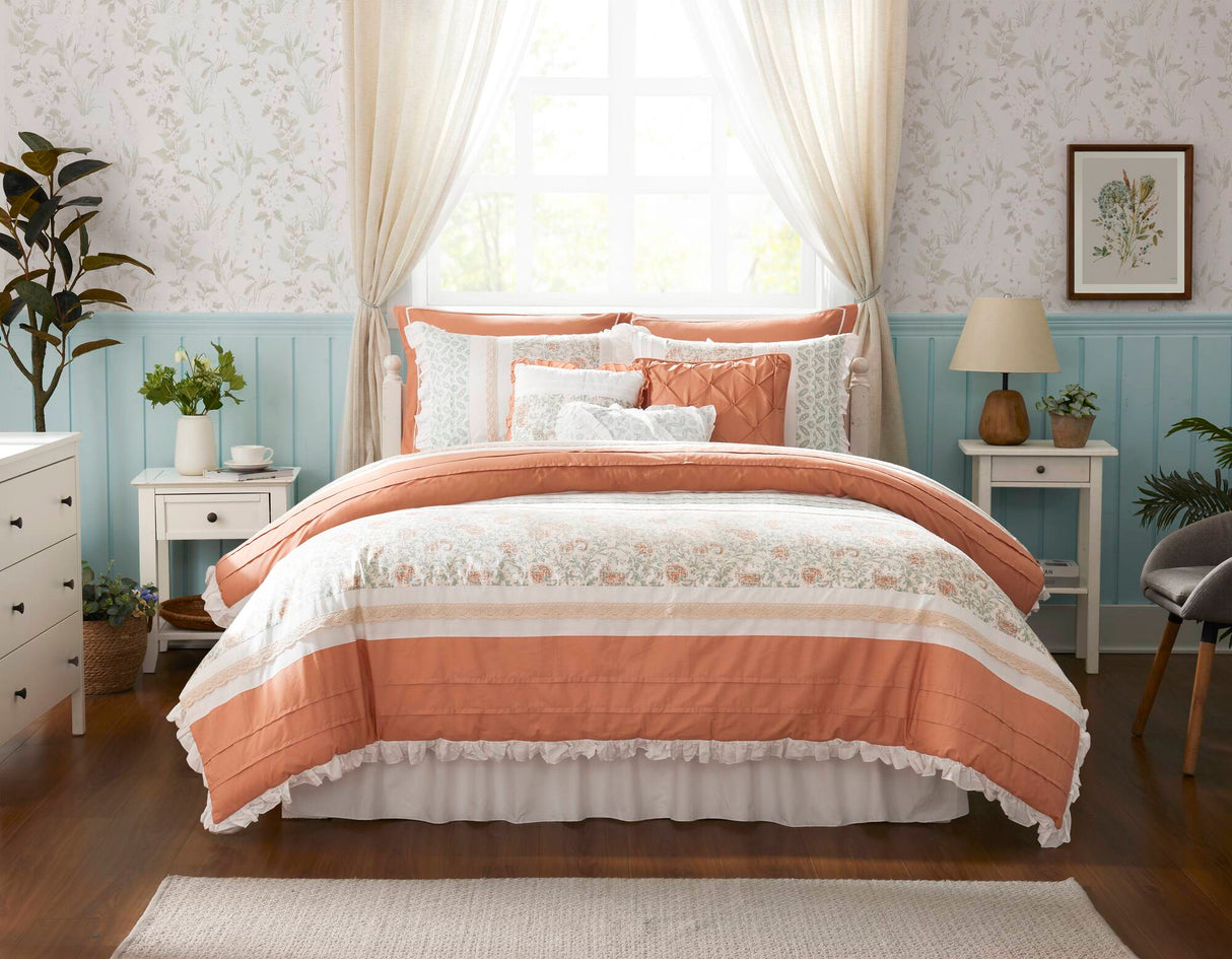 9 Piece Cotton Percale Comforter Set - Coral - King Size