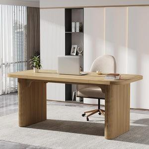 Executive Desk, Large Home Office Computer Workstation With Sturdy Double Pedestal Base, Simple Rectangular Writing & Study Table - Natural Wood