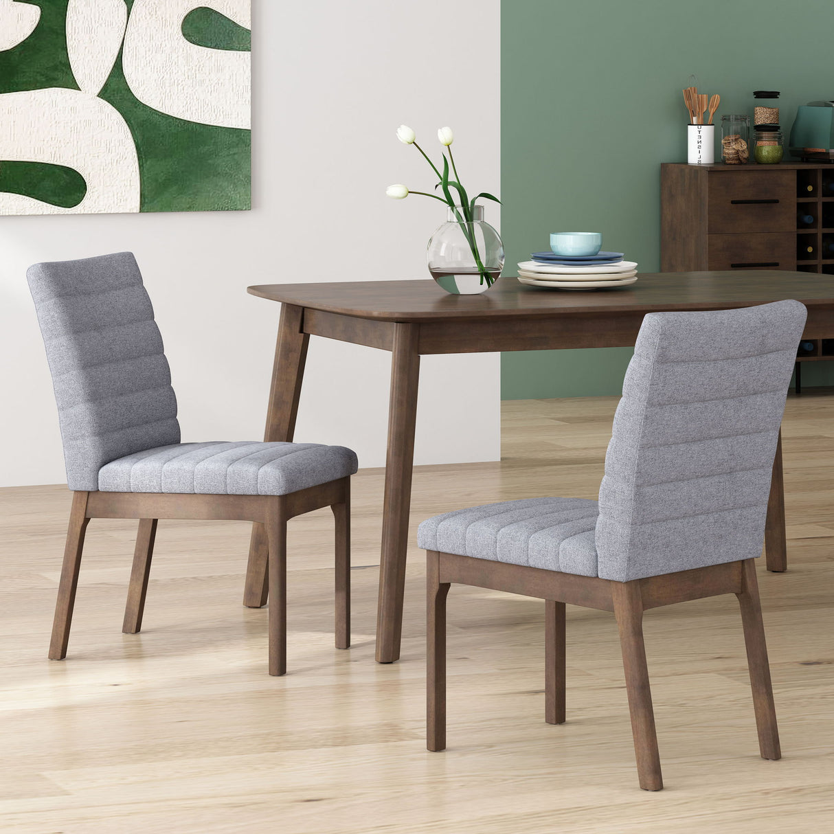 Mid Century Modern Dining Chair Set of 2 with Channel Stitching - Dark Gray