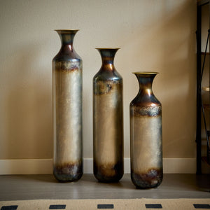 Modern Droplet Shaped Floor Vase Set, Glazed Metal Decorative Vases 3 Piece Home Accent For Living Room - Gold / White