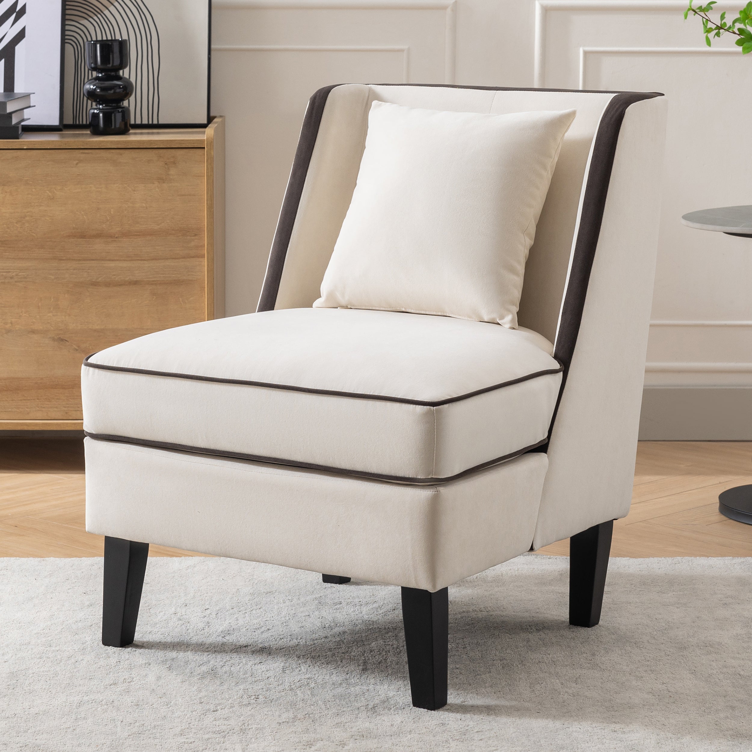 Velvet-Upholstered-Accent-Chair-with-Black-Piping,-Cream-and-Black-
