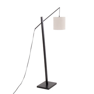 Arturo Contemporary Floor Lamp in Black Wood and Black Steel with Grey Fabric Shade