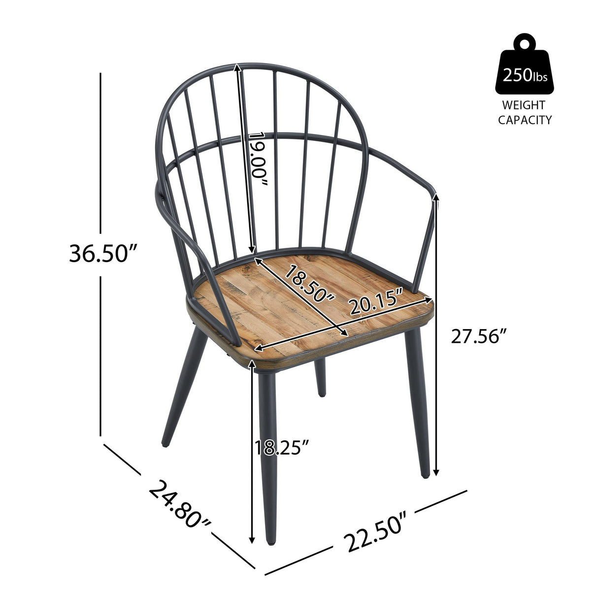 Industrial Inspired Indoor Dining Chair With Metal Legs and Birch (Set of 2) - Black / Natural
