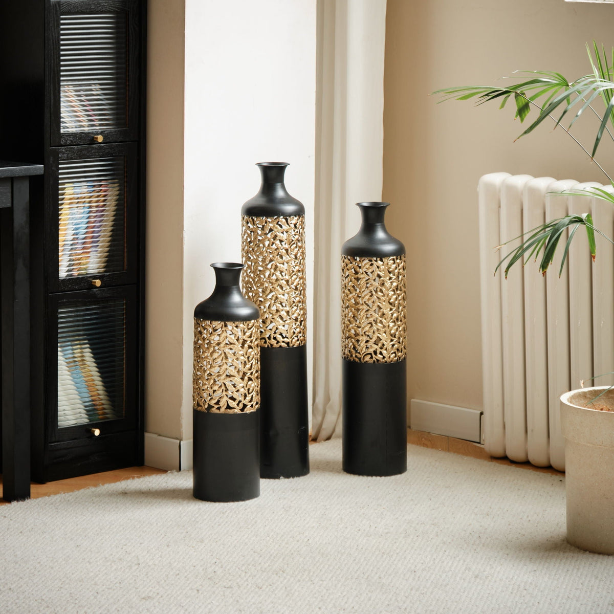 Floor Metal Vases Decorated Metal Vases (Set of 3) Gorgeous Home Decoration Large Glazed Metal Vases - Black / Gold