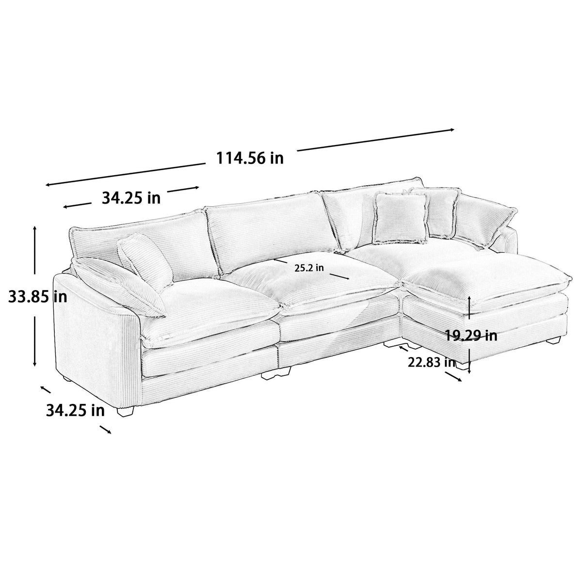 Modern Modular Cushion Sofa Set with Ottoman - Fabric, Multiple Colors