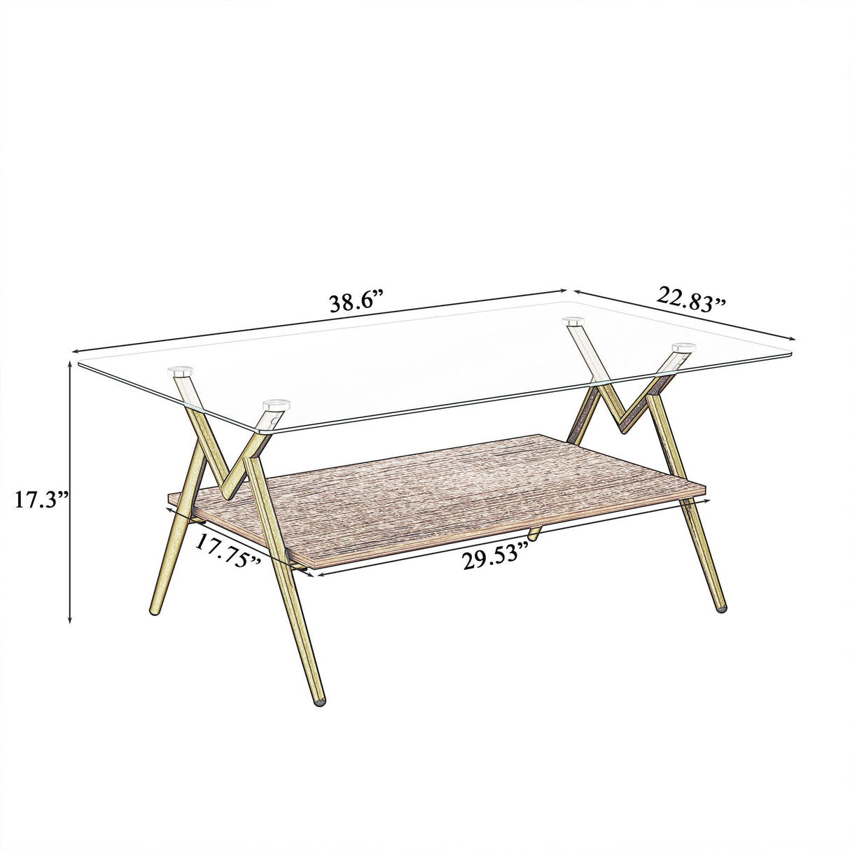 Rectangle Coffee Table With Tempered Glass Top And Shelf