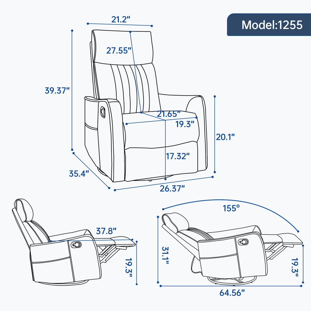 Blue Heat Massage Manual Recliner Chair with Rocker and Swivel