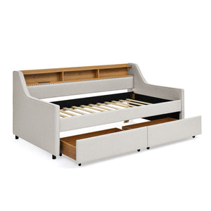 Twin Upholstered Sofa Bed With LED Lights, Storage Drawers, Adjustable Headboard & Wireless Charging - Beige