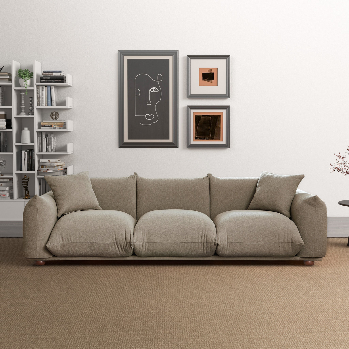 Kely Modern 100'' Mocha Boucle Upholstered Sofa with Solid Wood Legs
