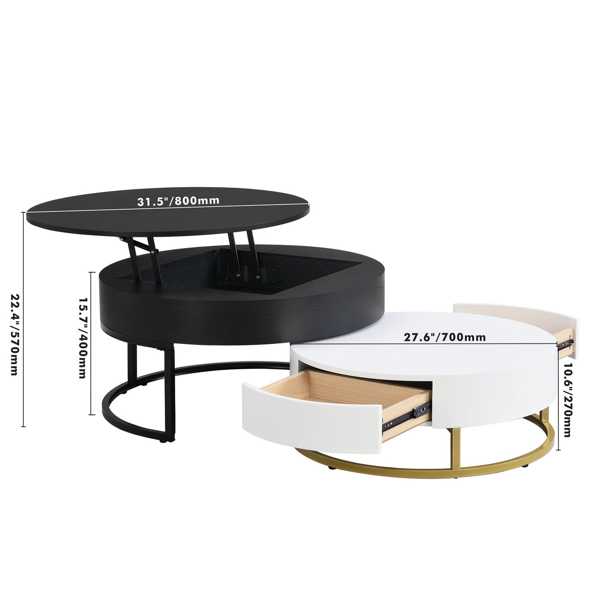 Modern Round Nesting Coffee Tables with Lift-Top and 2 Drawers - White or Black