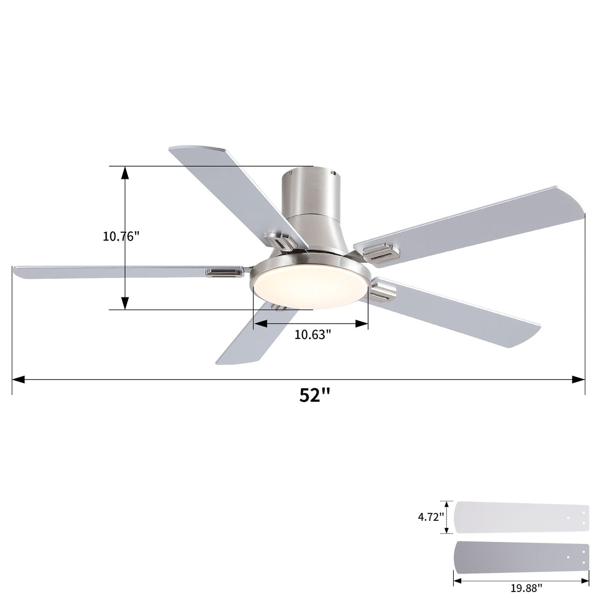Flush Mount Ceiling Fans With LED Light And Remote Control, 5 Blades