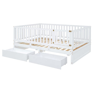 Daybed With Fence Guardrails And 2 Drawers, Split Into Independent Floor Bed & Daybed