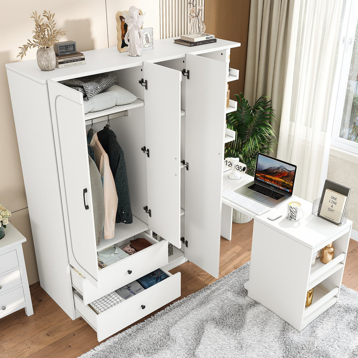 Multifunctional Wardrobe with 2 Doors and Convertible Desk