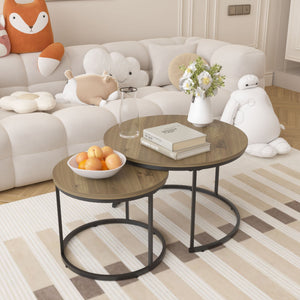 Round Nesting Coffee Table Set of 2 with Metal Base - Light Brown, White, or Black