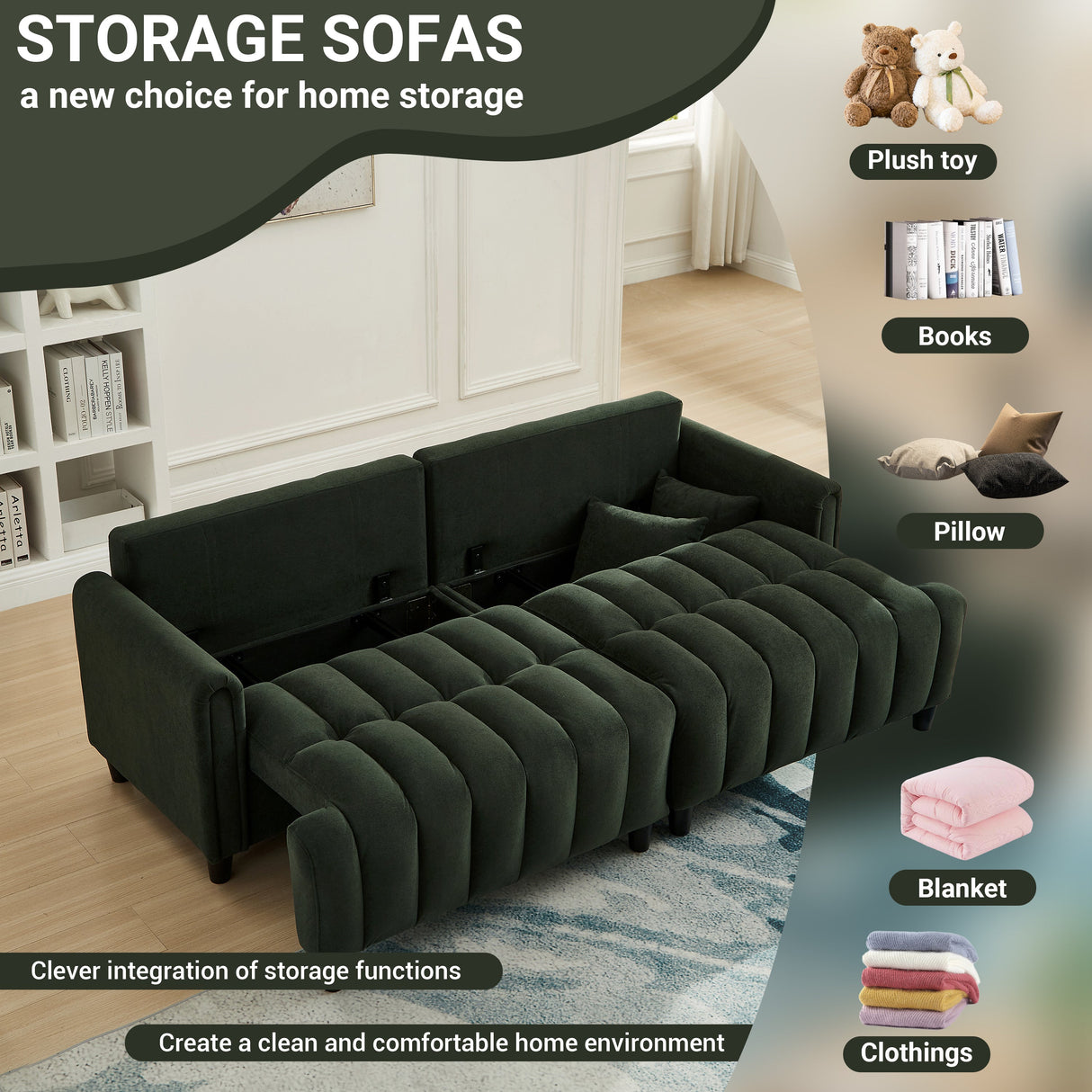 83'' Futon Sofa Bed with Polyester Fabric and 2 PillowsDark Green