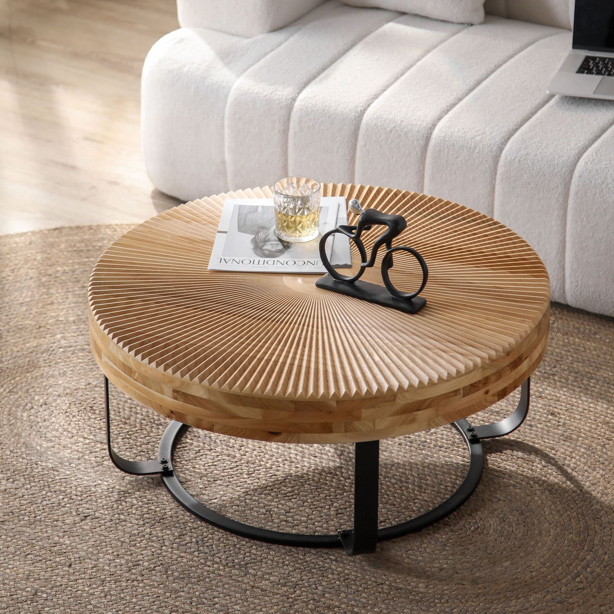 Modern Round Coffee Table with Wooden Carving Pattern and Metal Legs