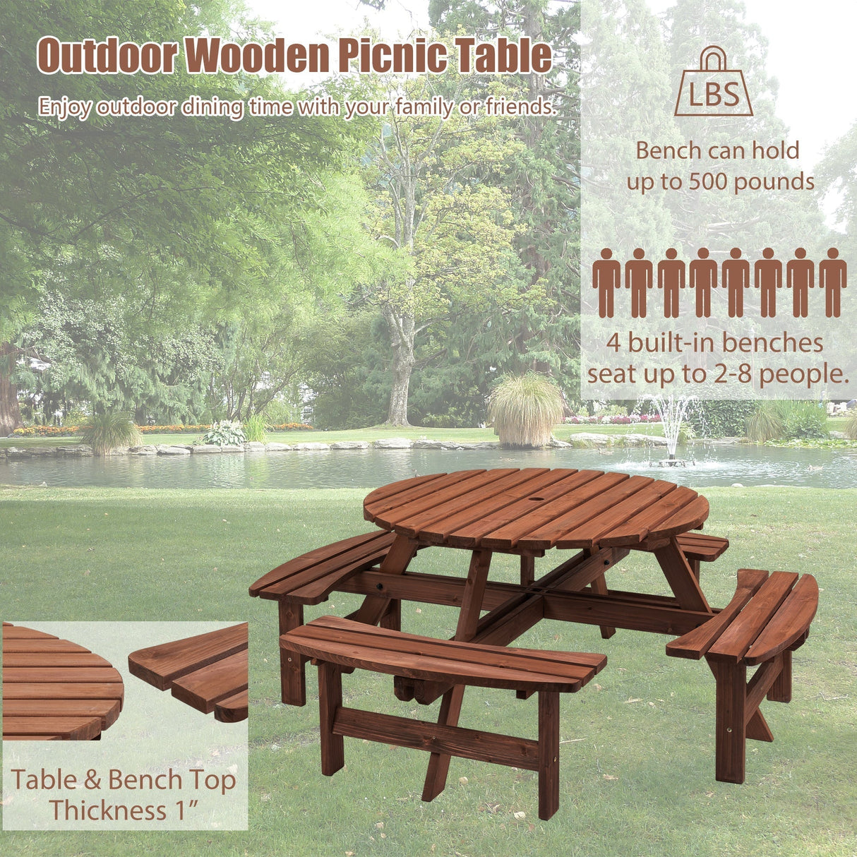 8 Person Wooden Picnic Table Outdoor Camping Dining Table with Seat