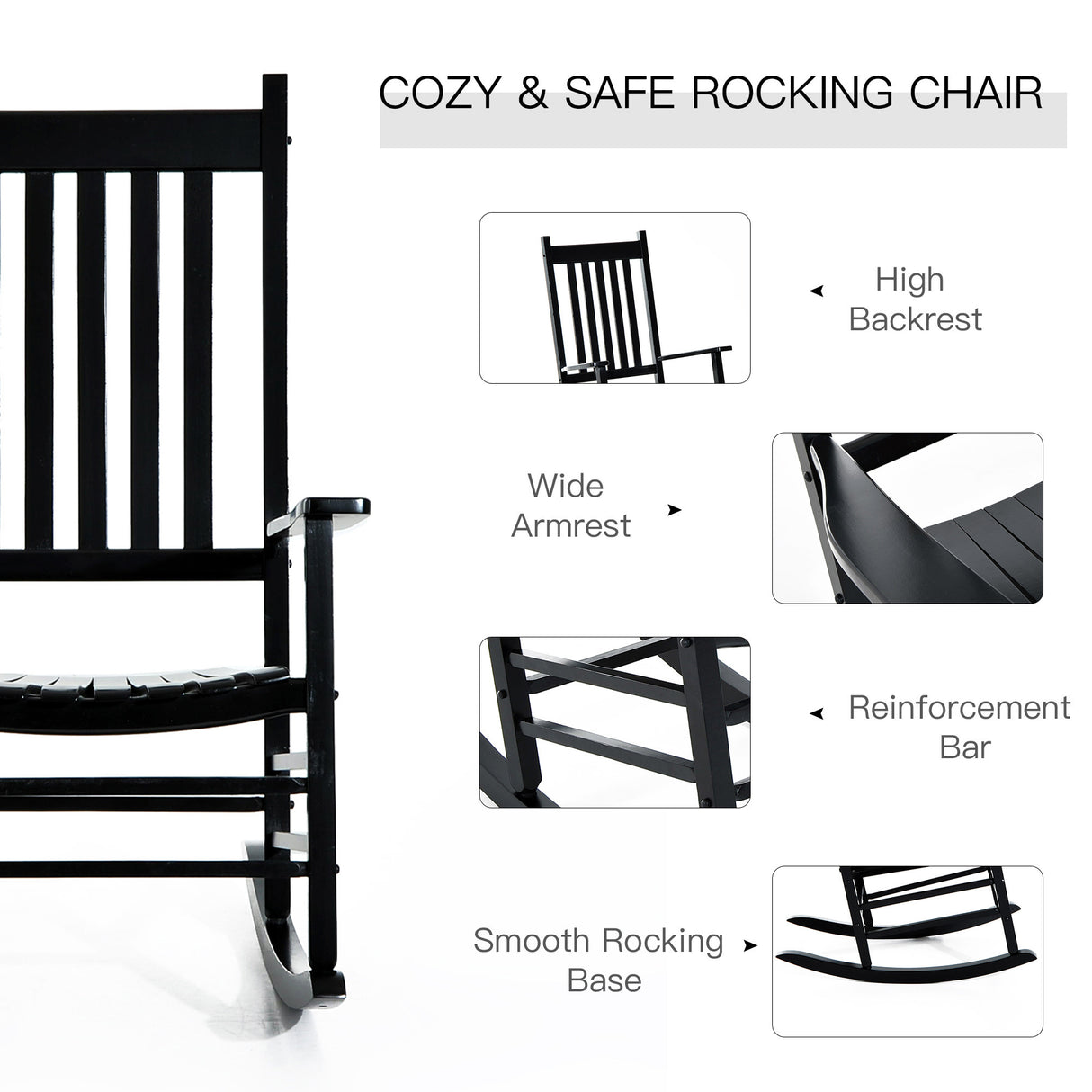 Outsunny outdoor rocking chair, patio wooden rocking chair with smooth armrests, high back for garden, balcony, porch, supports up to 352 lbs., black