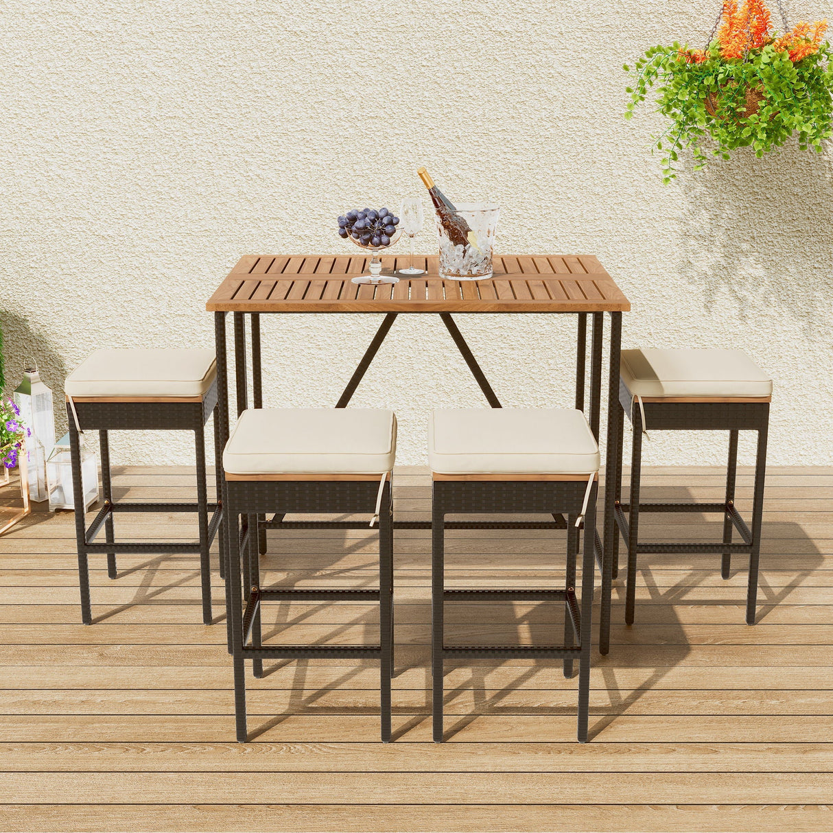 Outdoor Acacia Wood Bar Height Table and Eight Stools with Cushions