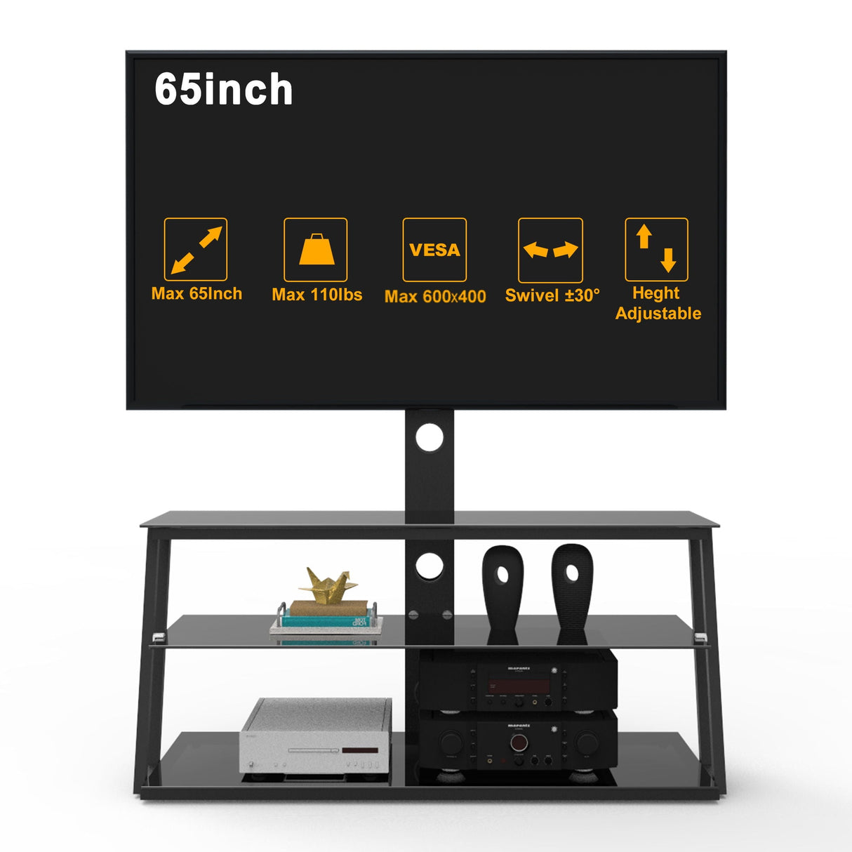 Multi-Function Angle And Height Adjustable Tempered Glass TV Stand - Black