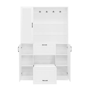 Entryway Bench With Integrated Shoe Cabinet, 3 In 1 Design And Mirrored Cabinet Door, Hall Tree With 4 Sturdy Hooks And Foldable Seat For Entrance, Living Room - White