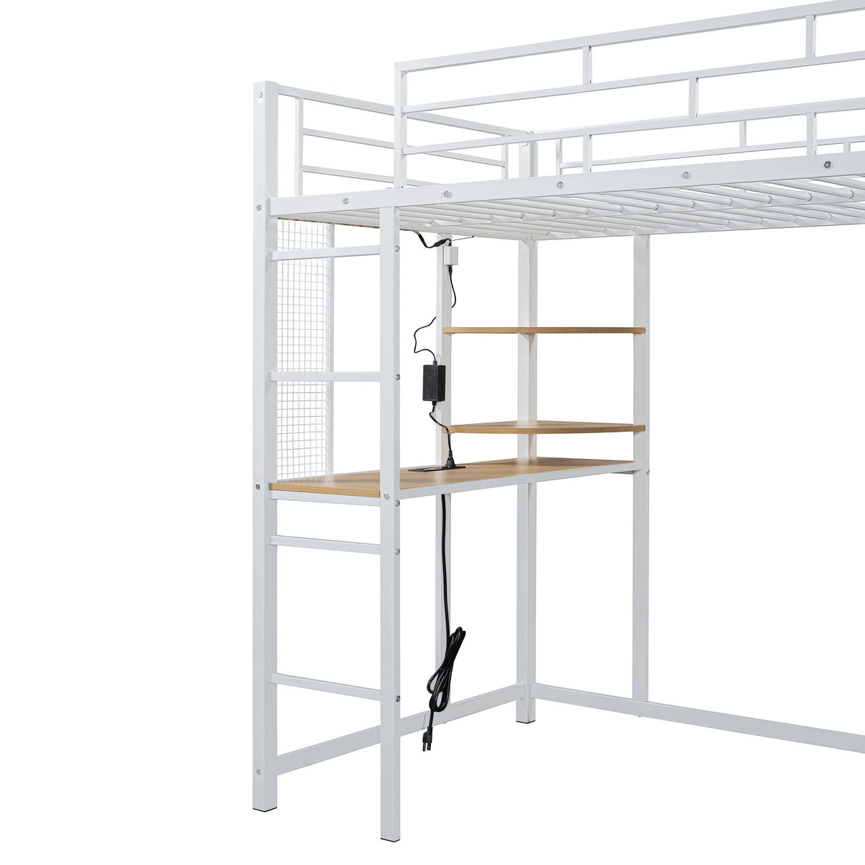 Loft Bed With Desk, Shelves, Power Outlet, LED Light And Wardrobe