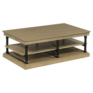 55.1' Wood Coffee Table with Black Legs and Open Storage Shelves